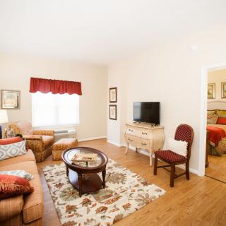A cozy living room with comfortable seating, a TV, and a decorative rug.