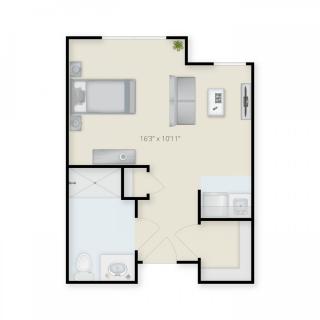 A simple apartment floor plan showing the arrangement of rooms.