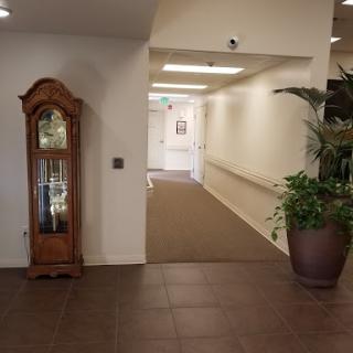 A well-lit interior hallway featuring a decorative clock and potted plants.