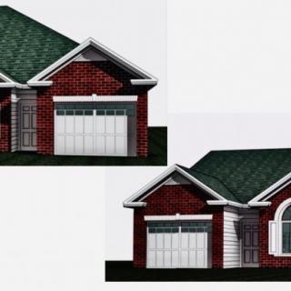 Illustration of two brick houses with green roofs and garages.