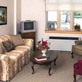 A cozy living room with a patterned sofa, armchair, and a coffee table with a floral arrangement.