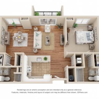 A 3D floor plan of a two-bedroom apartment featuring a living room, kitchen, dining area, bathroom, and a balcony.