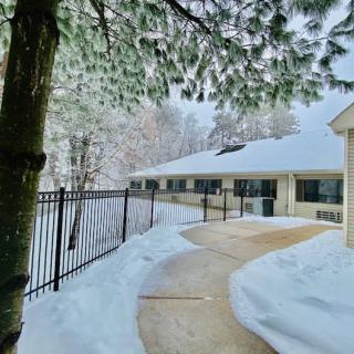 A snow-covered pathway leads to a building nestled among snowy trees.