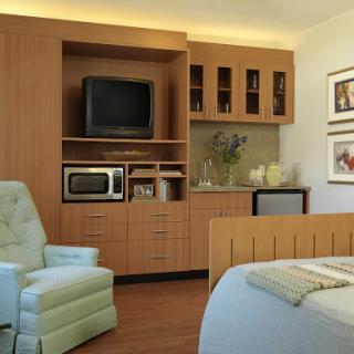 A cozy living space featuring modern furniture with a television and microwave.