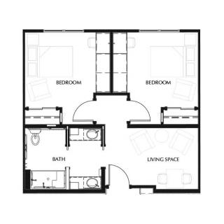 A floor plan of a two-bedroom apartment with a living space and bathroom.
