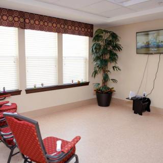 A cozy waiting room with chairs, a television, and a potted plant by the window.