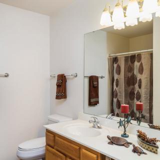 A well-decorated bathroom with a large mirror and elegant lighting.