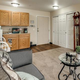 A cozy living area featuring a small kitchenette with wooden cabinets, a sofa, and a decorative table.