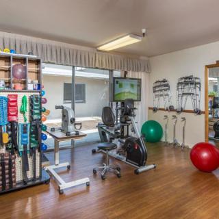 A well-equipped indoor gym with various exercise machines and therapy tools.