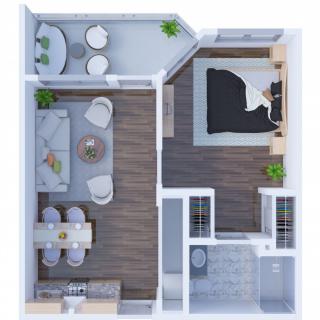 A detailed floor plan of a modern apartment featuring a living room, bedroom, kitchen, and bathroom.