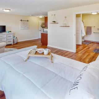 A modern and cozy bedroom with wooden flooring, featuring a bed with a tray, television, and stylish decor.
