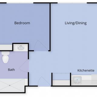 A simple floor plan of an apartment featuring one bedroom, a bathroom, and a combined living/dining and kitchenette area.