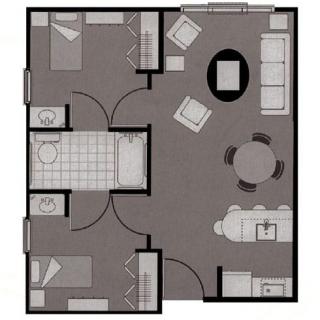 A detailed floor plan showcasing the interior layout of a two-bedroom apartment.