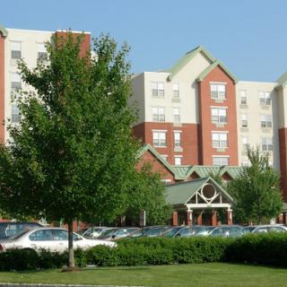 A modern hotel surrounded by greenery and parked cars.