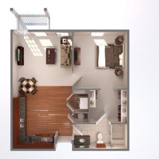 A floor plan of a one-bedroom apartment featuring a living room, kitchen, bathroom, and dining area.