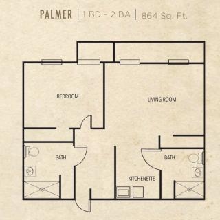 Floor plan of a one-bedroom, one-bathroom apartment layout.