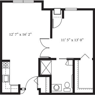 One-bedroom apartment floor plan with labeled dimensions.