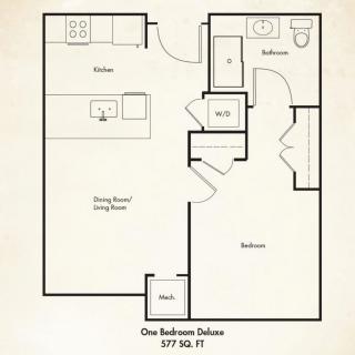 One-bedroom deluxe apartment floor plan with dining and living areas.