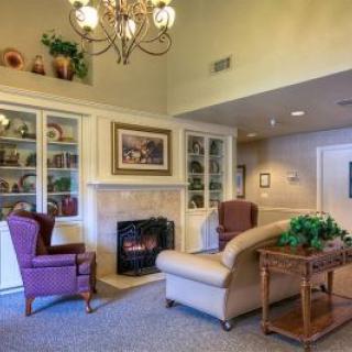 A cozy living room with a fireplace, comfortable seating, and elegant decor.