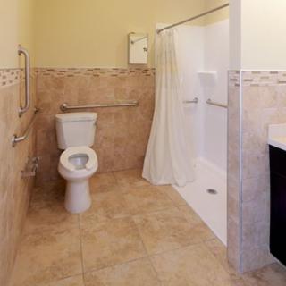 An accessible bathroom featuring a toilet with grab bars, a walk-in shower, and a tiled floor.