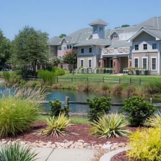 A scenic view of a residential area featuring well-maintained landscaping and a tranquil lake.