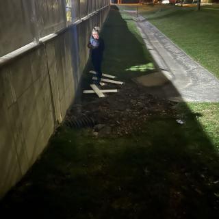 A person standing near a wall at night, casting a long shadow on the grass.