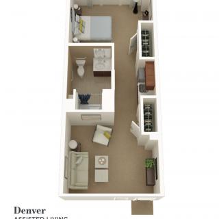 A 3D floor plan of a one-bedroom apartment featuring a living room, kitchen, bathroom, and bedroom.