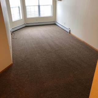 A vacant room with a carpeted floor and large windows.