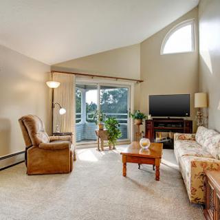 A cozy living room filled with natural light, featuring comfortable seating and modern decor.
