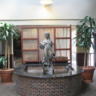 A decorative indoor fountain featuring a statue, surrounded by potted plants.