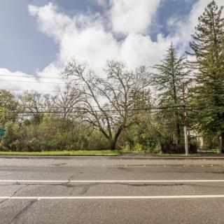 A view of a tree-lined road under a partly cloudy sky.