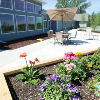 A vibrant garden with colorful flowers beside a sunny patio area.