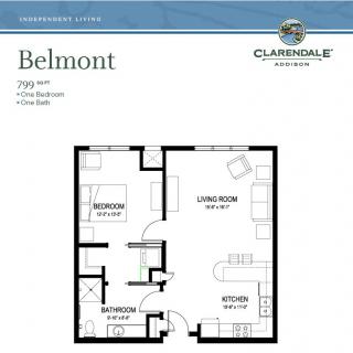Floor plan of the Belmont apartment at Clarendale, showing a two-bedroom layout with a living room and kitchen area.