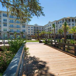 A scenic view of a resort hotel with a wooden boardwalk surrounded by palm trees.