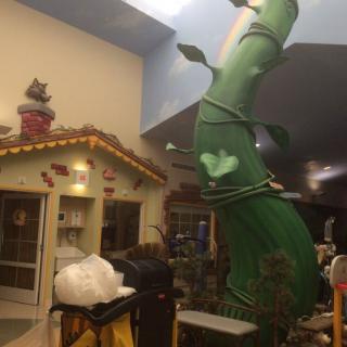 A whimsical indoor play area featuring a giant beanstalk slide inspired by 'Jack and the Beanstalk'.
