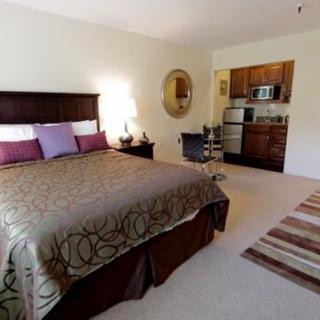 A spacious bedroom featuring a king-size bed and a kitchenette in the corner.