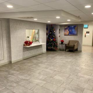 A lobby area decorated for the holidays with a Christmas tree and seating.