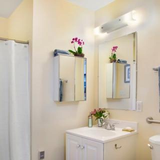 A clean bathroom with a mirror cabinet, sink, and flower decorations.
