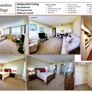 Layout and interior of a one-bedroom independent living apartment at Peachtree Village, featuring spacious rooms and modern amenities.
