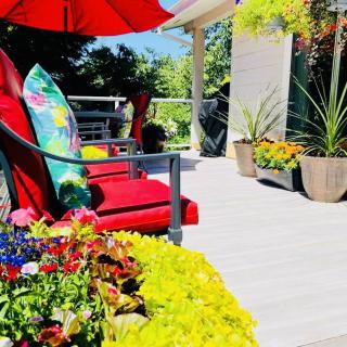 A vibrant patio setting with colorful cushions, flowers, and a red umbrella on a sunny day.