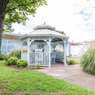 A charming gazebo surrounded by lush greenery in a garden setting.