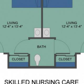 Floor plan of a skilled nursing care room with living areas and shared bathroom.