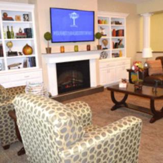 A cozy living room with a fireplace, television, and patterned armchairs.