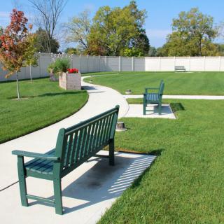 A serene park setting with green benches along a winding pathway surrounded by lush grass and trees.
