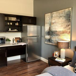 A modern studio apartment featuring a compact kitchenette and stylish decor.