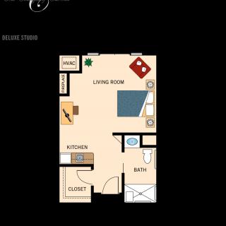 Studio apartment floor plan with a combined living and sleeping area, kitchen, bathroom, and closet.