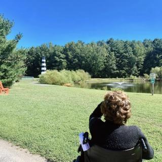 A person enjoying a peaceful view of a park with a lake and trees.