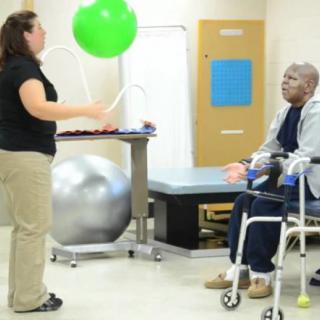 A physical therapist assists a patient with exercises using a ball during a rehabilitation session.