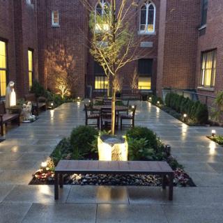 A beautifully lit courtyard featuring a central tree, surrounded by benches and greenery.