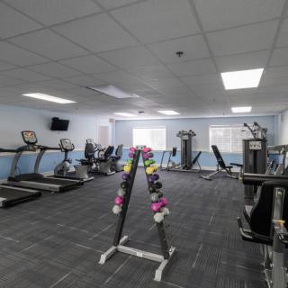 A well-equipped gym with treadmills, exercise bikes, and a variety of weights.